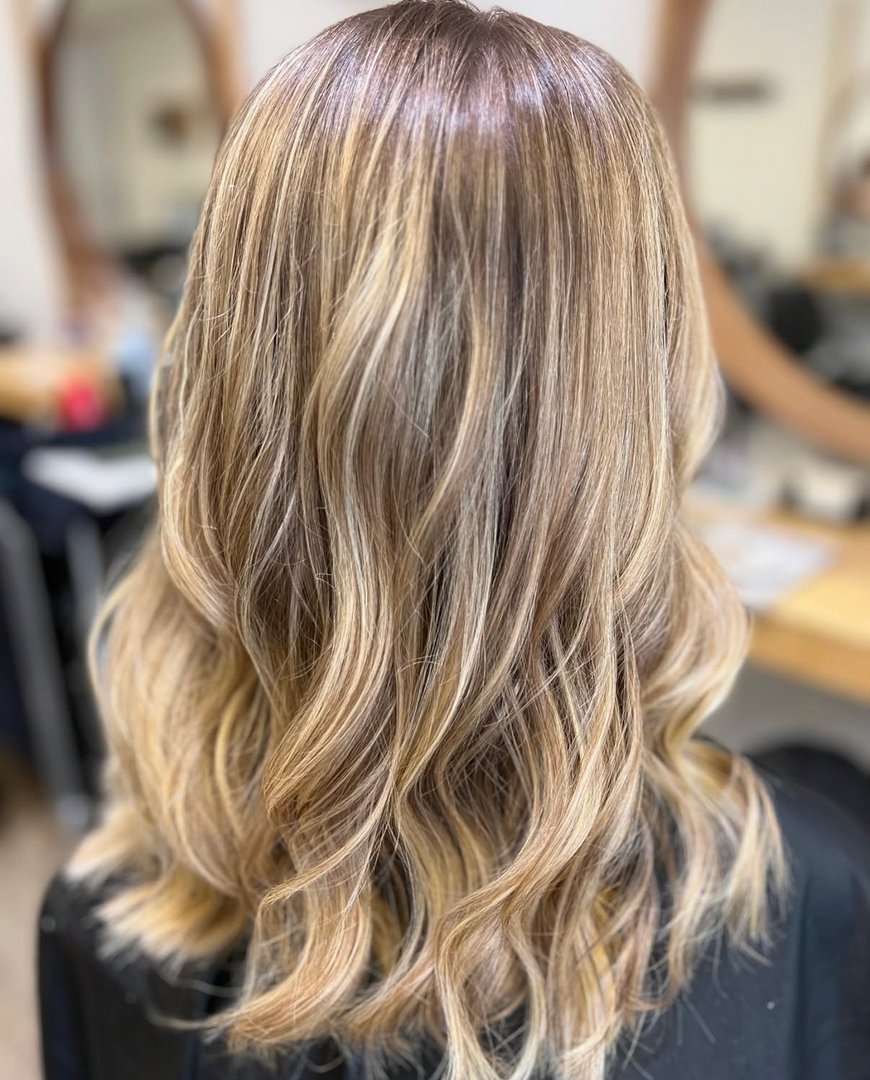 Sleek blonde bob with caramel highlights